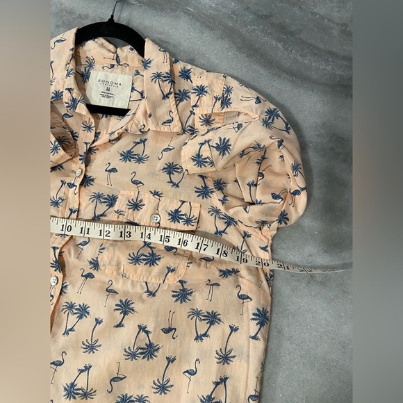 Sonoma Size M Pink Blue 3/4 Sleeve Button Down Shirt Flamingo Palm Tree Print - Picture 6 of 9